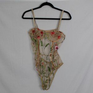 Sheer Nude Bodysuit w Embroidered Flowers